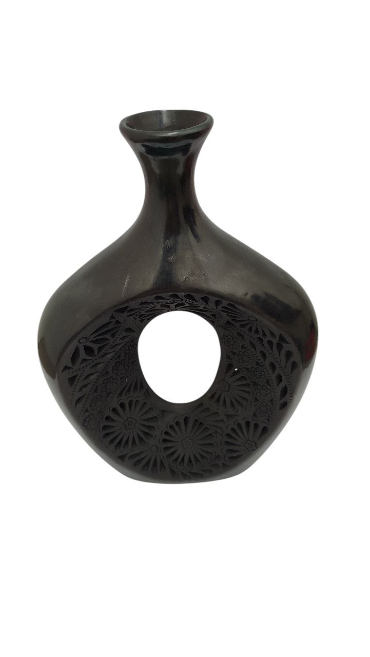 FLORERO FINO DOBLE CALADO DE BARRO NEGRO (29CM), ARTESANIA, HECHO A MANO. - Imagen 4