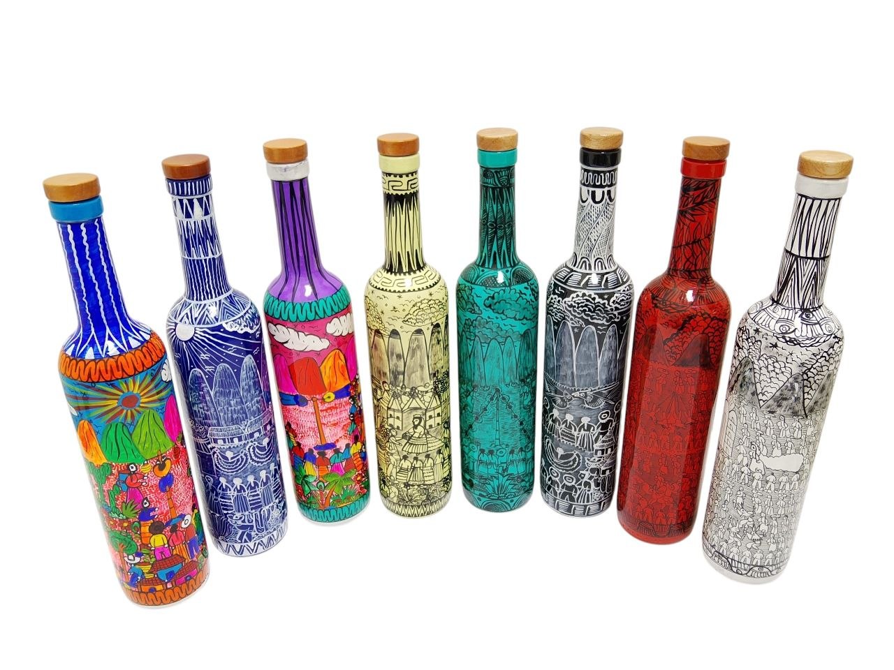 PAQUETE DE 8 BOTELLAS VACIAS DE COLORES, PINTADAS A MANO CON PAISAJES FOLKLORICO MEXICANO, PARA ALMACENAR BEBIDAS (33 CM) (750 ML), ARTESANIA - Imagen 5