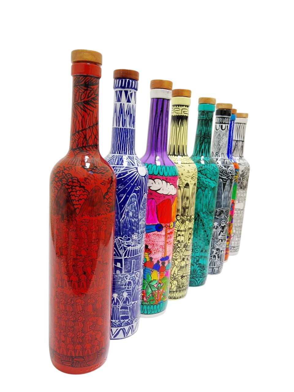 PAQUETE DE 8 BOTELLAS VACIAS DE COLORES, PINTADAS A MANO CON PAISAJES FOLKLORICO MEXICANO, PARA ALMACENAR BEBIDAS (33 CM) (750 ML), ARTESANIA - Imagen 4